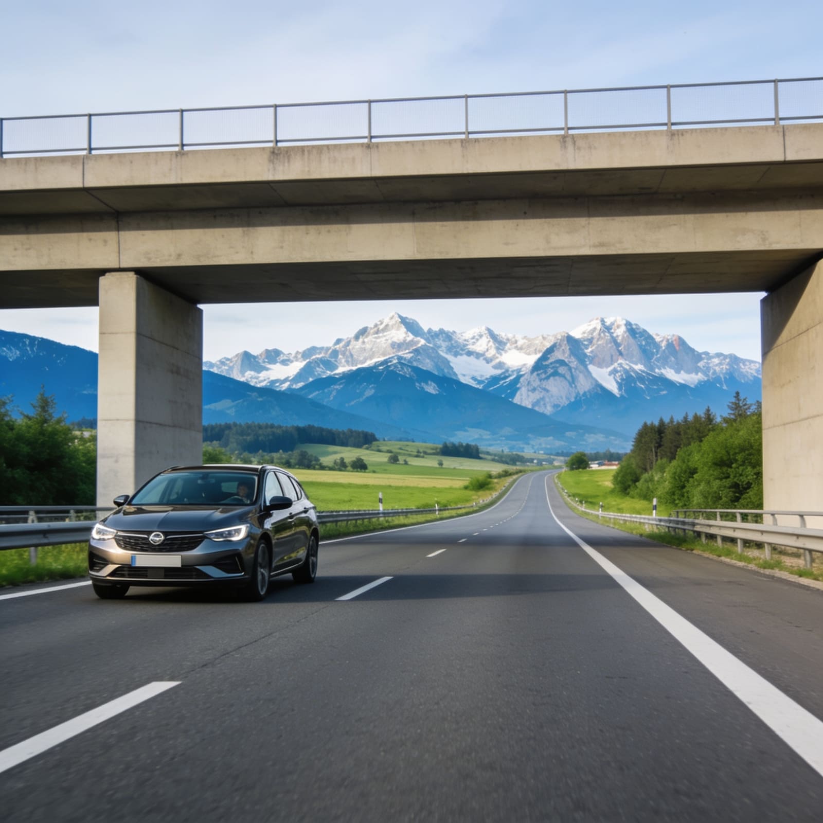 Fahrzeug auf einer europäischen Fernstraße zwischen Landschaft und Alpen